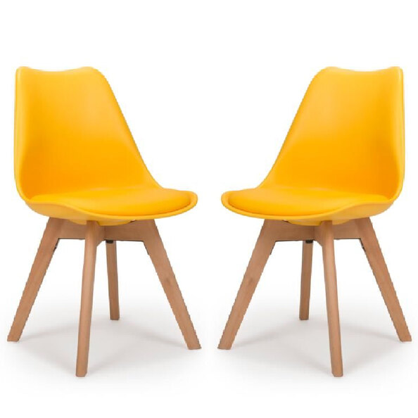 Regis Yellow Leather Dining Chairs With Oak Legs In Pair