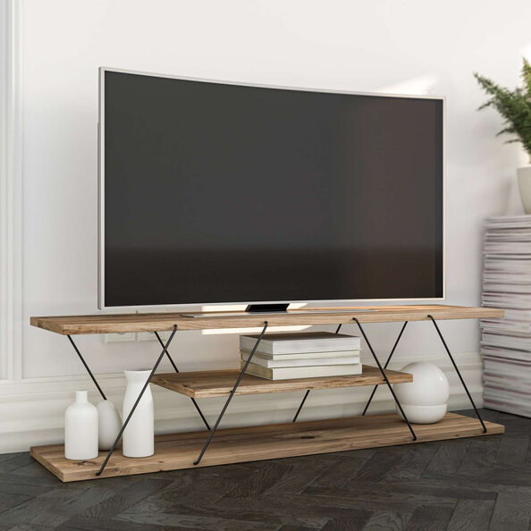 Renova Large Wooden TV Stand With 2 Shelves In Walnut And Gold