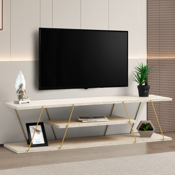 Renova Small Wooden TV Stand With 2 Shelves In Travertine Marble Effect And Gold