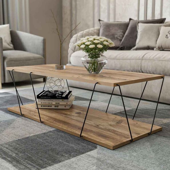 Renova Wooden Coffee Table with Metal Frame in Pine