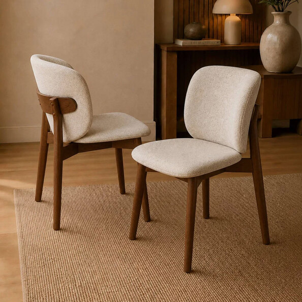 Rervan Walnut and Natural Fabric Dining Chairs in Pair