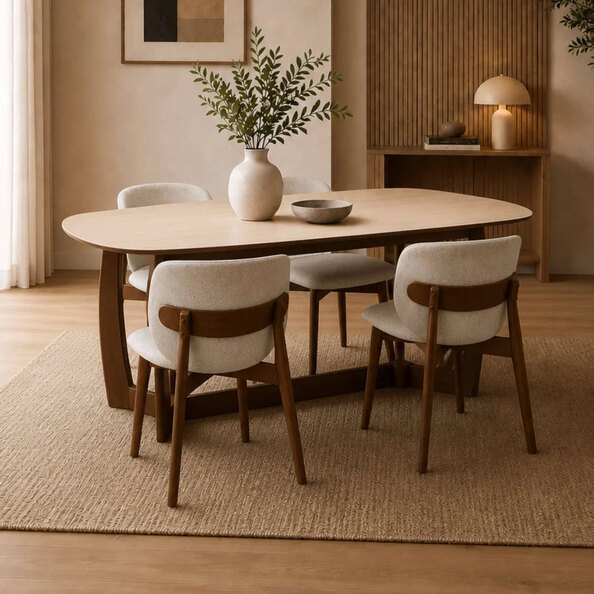 Rervan Walnut and Natural Wooden Dining Table with 4 Fabric Chairs