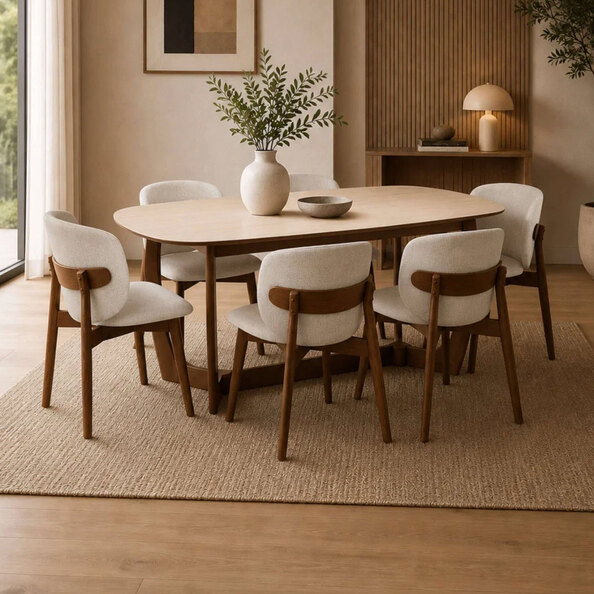Rervan Walnut and Natural Wooden Dining Table with 6 Fabric Chairs