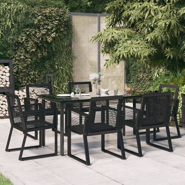 Revano Garden 160cm Glass Top Dining Table with 6 Chairs in Black