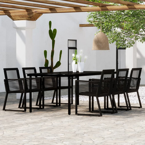 Revano Garden 200cm Glass Top Dining Table with 6 Chairs in Black