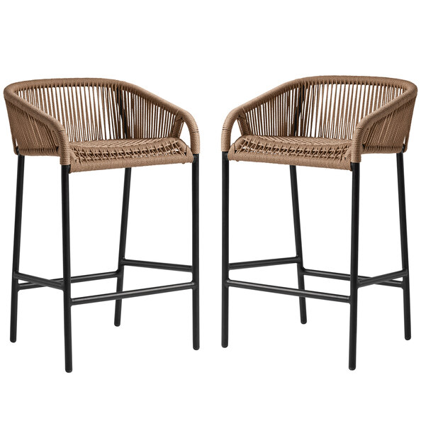 Rialto Natural Rattan Bar Stools With Black Metal Frame In Pair