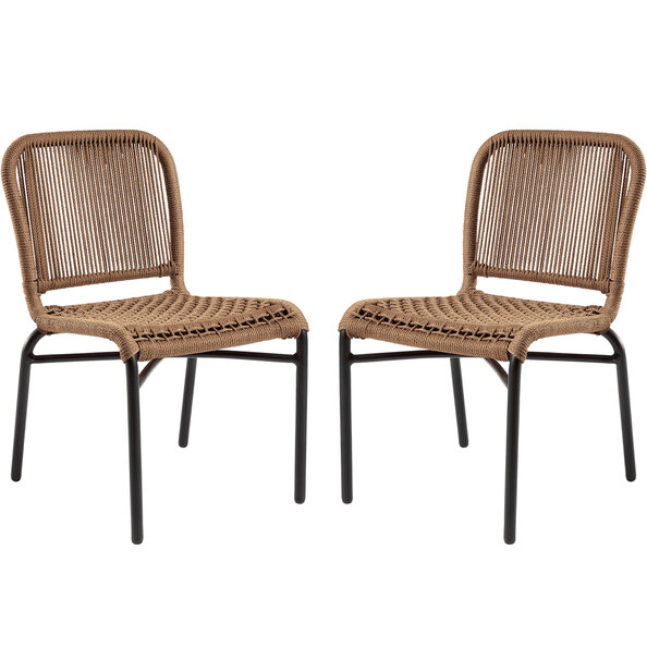 Rialto Natural Rattan Bar Chairs With Black Metal Frame In Pair