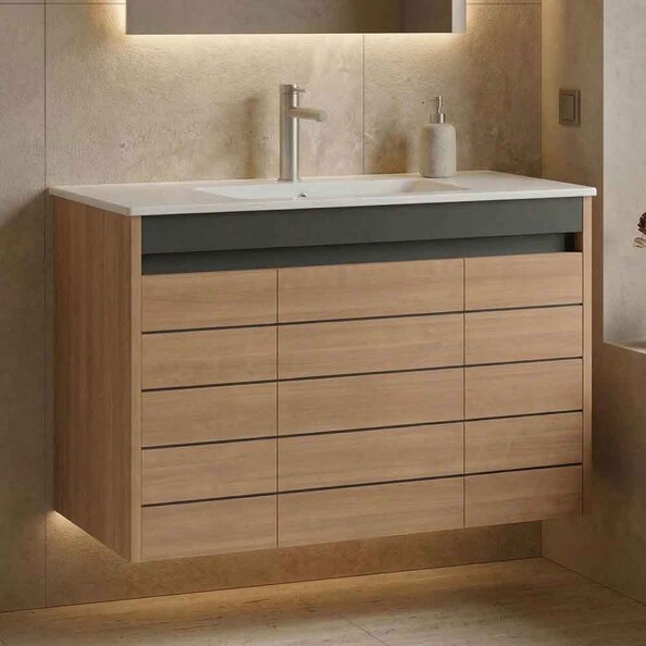 Ricato 1010mm Wooden Wall Mounted Vanity Unit & Basin with 3 Doors in Walnut