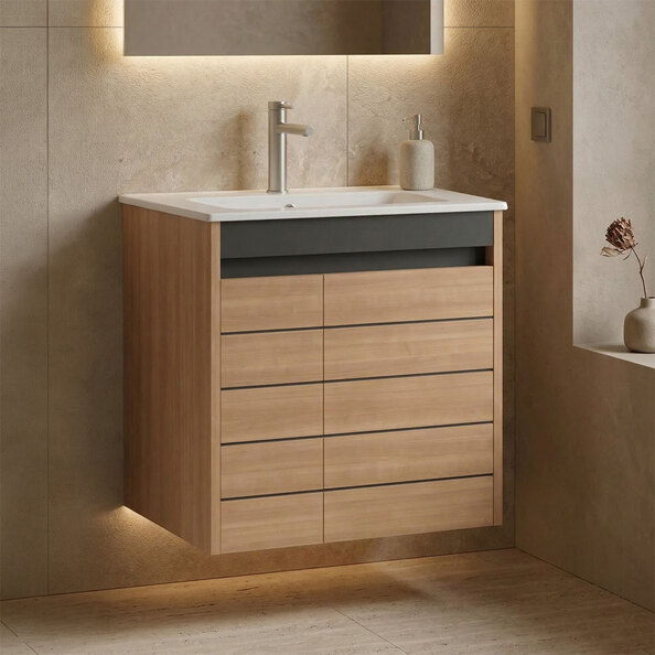 Ricato 610mm Wooden Vanity Unit & Basin with 2 Doors in Walnut