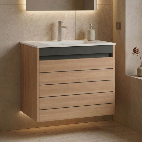 Ricato 810mm Wooden Vanity Unit & Basin with 2 Doors in Walnut
