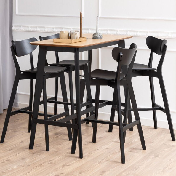 Riga Wooden Bar Table With 4 Black Stools In Oak
