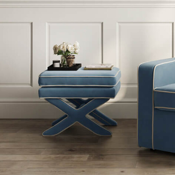 Rimouski Velvet Footstool - Ice Blue