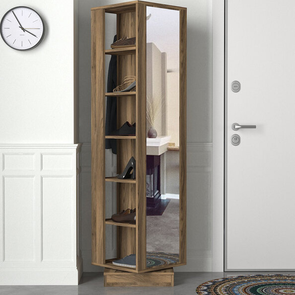 Rivaro Wooden Hallway Coat Stand with Mirror in Walnut