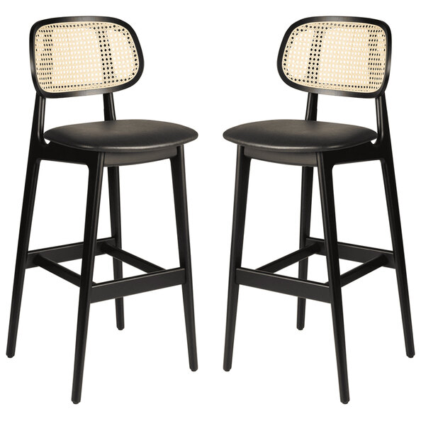 Romney Black Rattan Bar Stools With Leather Seat In Pair