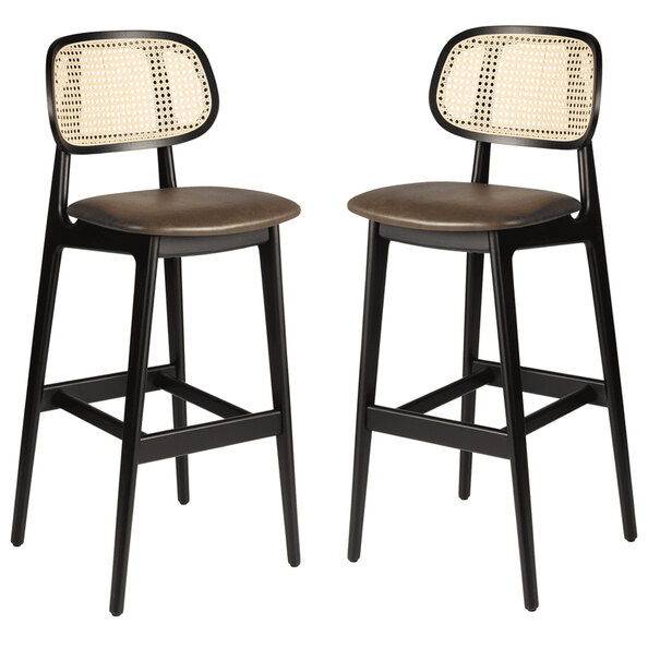 Romney Black Rattan Bar Stools With Brown Leather Seat In Pair