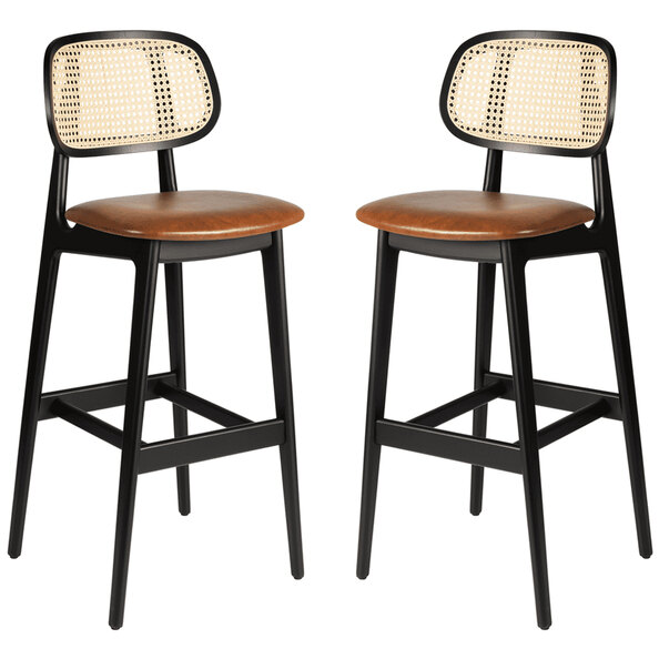 Romney Black Rattan Bar Stools With Tan Leather Seat In Pair