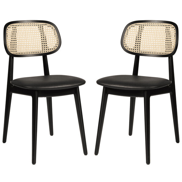 Romney Black Rattan Side Chairs With Leather Seat In Pair