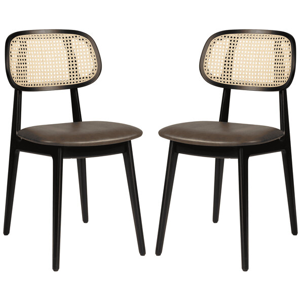 Romney Black Rattan Side Chairs With Brown Leather Seat In Pair