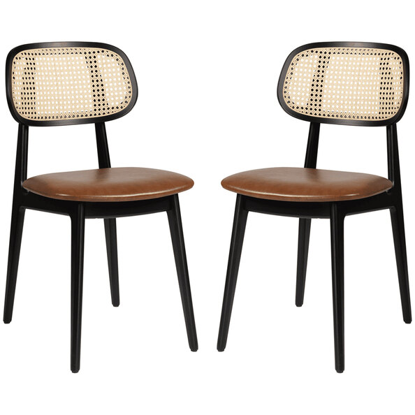 Romney Black Rattan Side Chairs With Tan Leather Seat In Pair