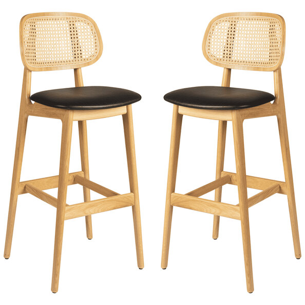 Romney Natural Rattan Bar Stools With Black Leather Seat In Pair