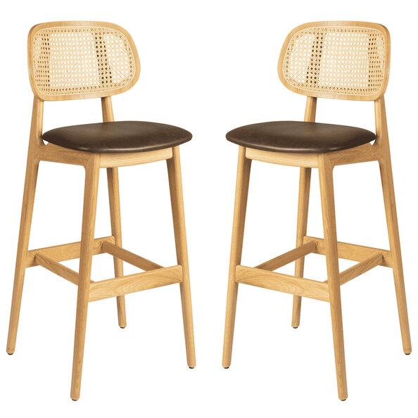 Romney Natural Rattan Bar Stools With Brown Leather Seat In Pair