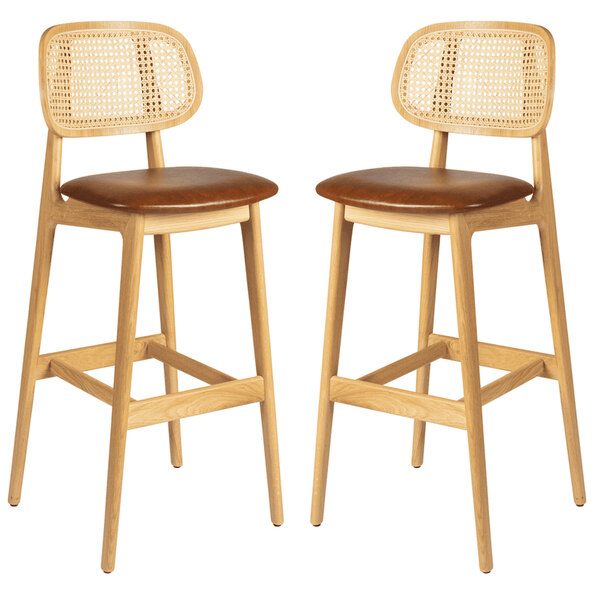 Romney Natural Rattan Bar Stools With Tan Leather Seat In Pair
