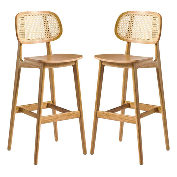 Romney Natural Rattan Natural Oak Wooden Bar Stools In Pair