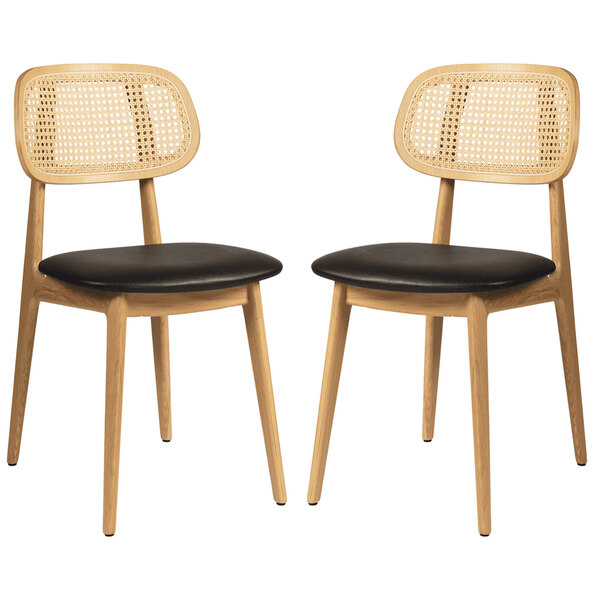 Romney Natural Rattan Side Chairs With Black Leather Seat In Pair