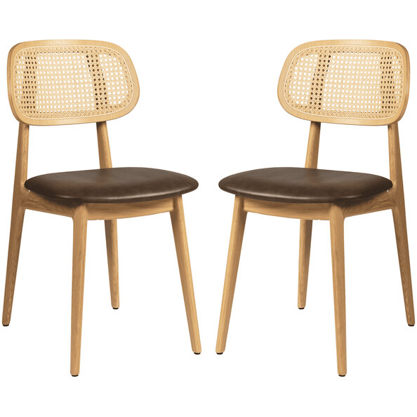 Romney Natural Rattan Side Chairs With Brown Leather Seat In Pair