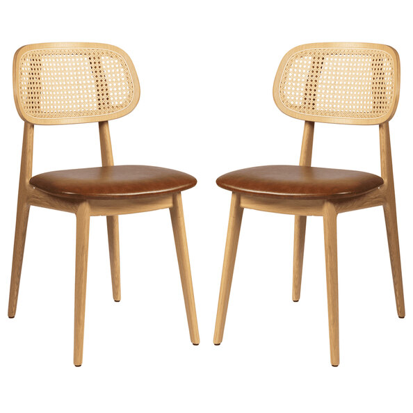 Romney Natural Rattan Side Chairs With Tan Leather Seat In Pair