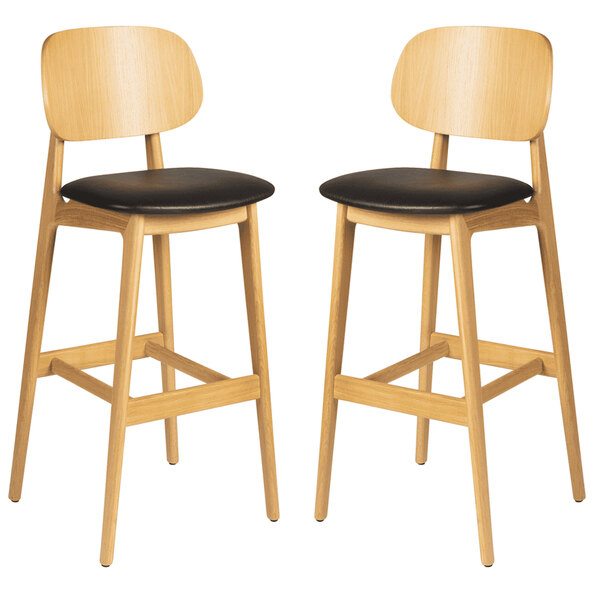 Romney Natural Wooden Bar Stools With Black Leather Seat In Pair