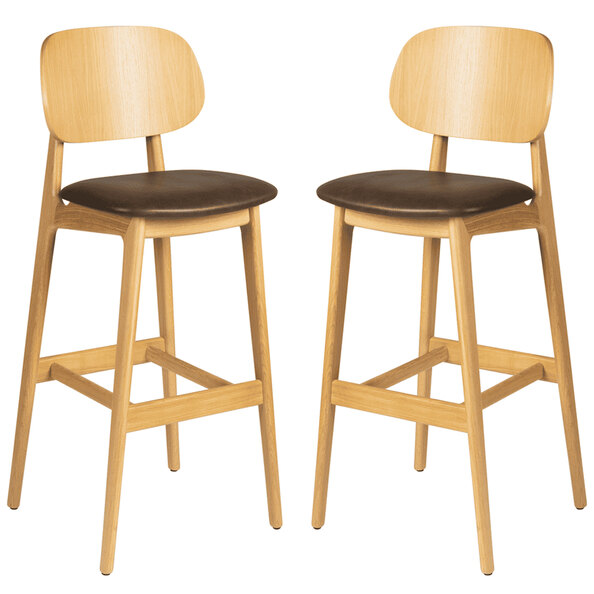 Romney Natural Wooden Bar Stools With Brown Leather Seat In Pair