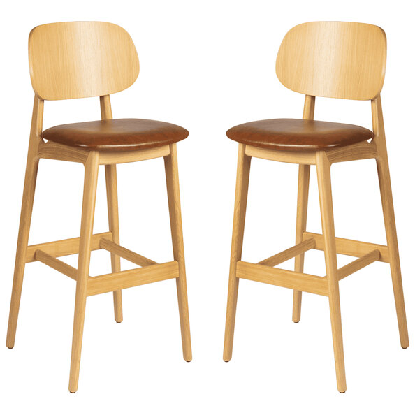 Romney Natural Wooden Bar Stools With Tan Leather Seat In Pair