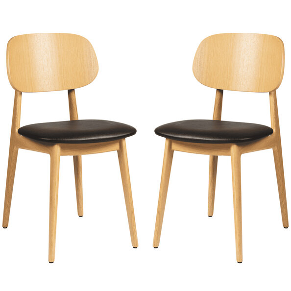 Romney Natural Wooden Side Chairs With Black Leather Seat In Pair