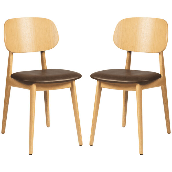 Romney Natural Wooden Side Chairs With Brown Leather Seat In Pair