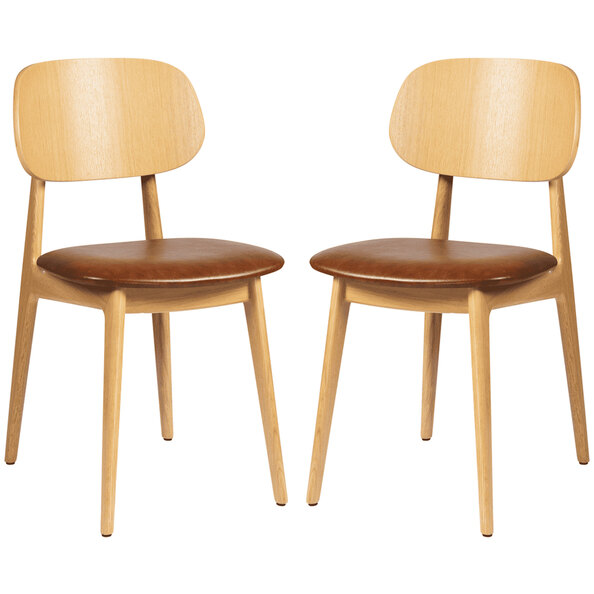 Romney Natural Wooden Side Chairs With Tan Leather Seat In Pair
