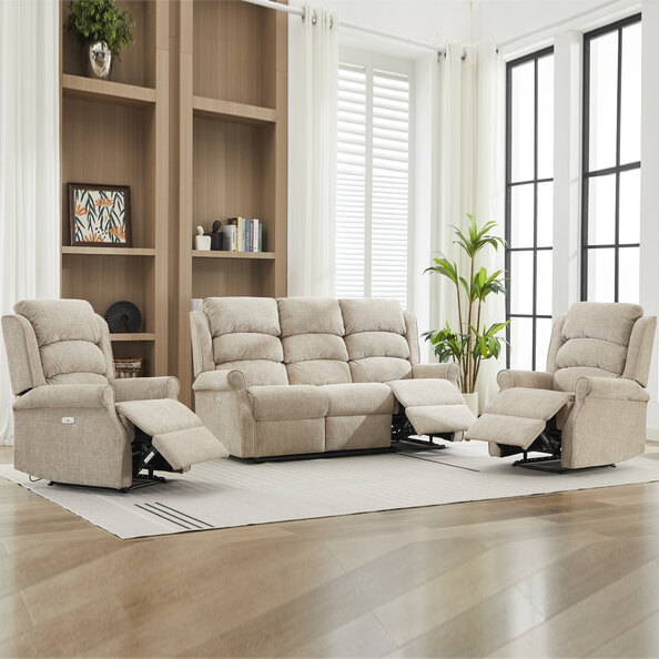 Rosenberg Fabric Electric Recliner 3+1+1 Seater Sofa Set in Rabbit