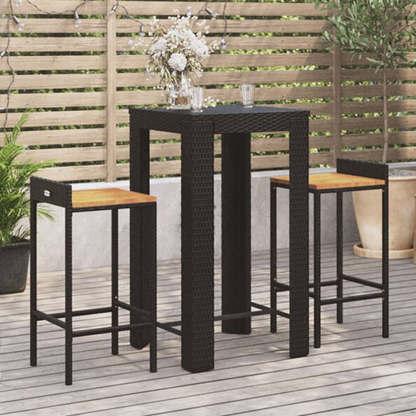 Ryker Solid Wood 3 Piece Garden Bar Set In Black Poly Rattan
