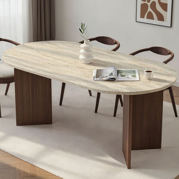 Sablio Oval Wooden Dining Table in Travertine Marble Effect and Walnut
