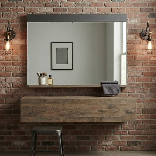 Saige Glass Wall Mirror with Old Wood Frame in Graphite and Grey