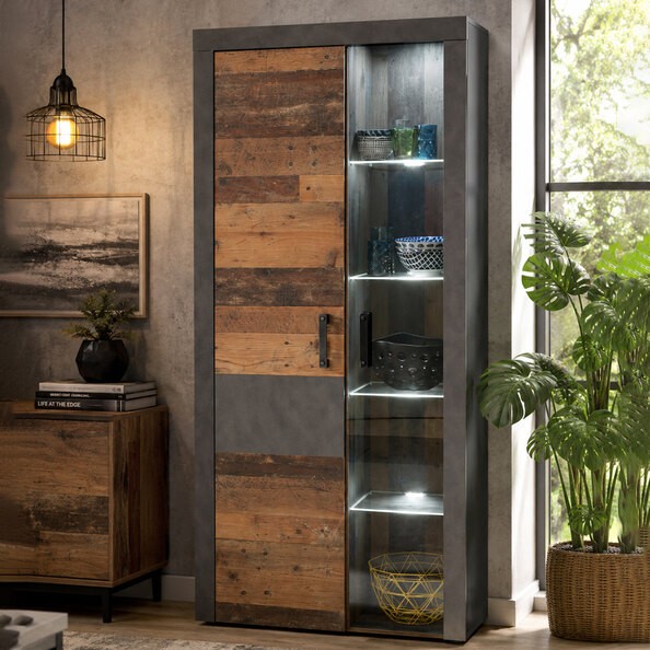 Saige Old Wood Display Cabinet in Graphite and Grey With LED