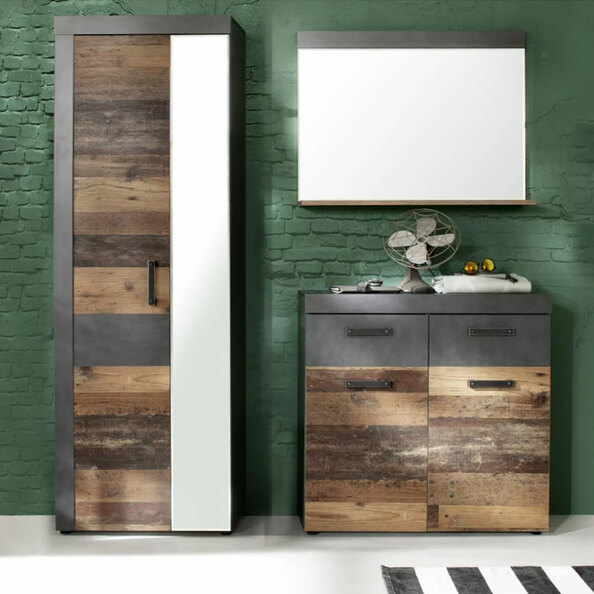 Saige Old Wood Hallway Furniture Set with Mirror in Graphite and Grey