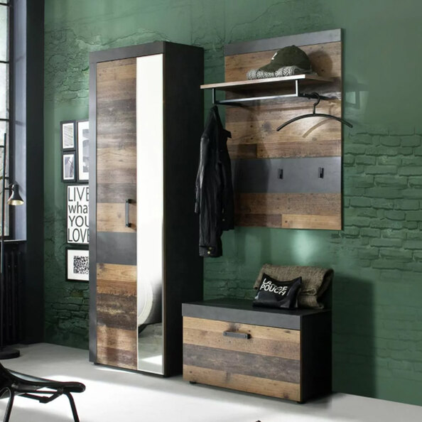 Saige Old Wood Hallway Furniture Set with Wall Rack in Graphite and Grey