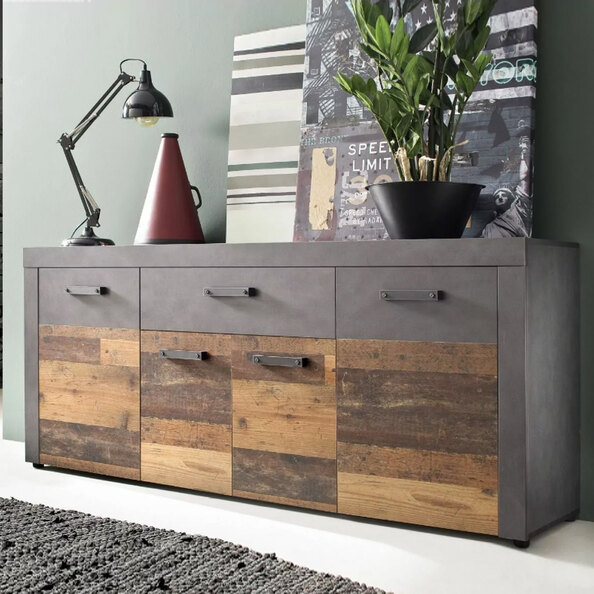 Saige Old Wood Sideboard with 4 Doors In Graphite and Grey