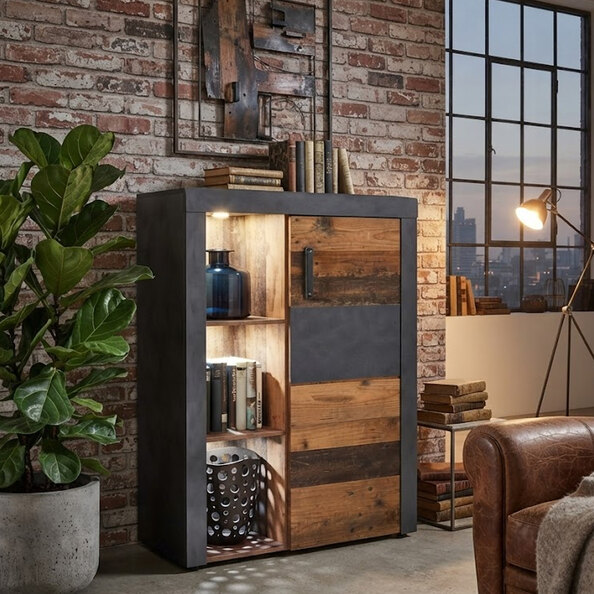 Saige Old Wood Storage Cabinet in Graphite and Grey With LED