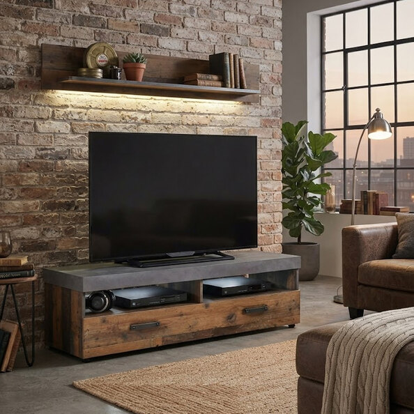 Saige Old Wood TV Stand with Wall Shelf in Graphite Grey and LED