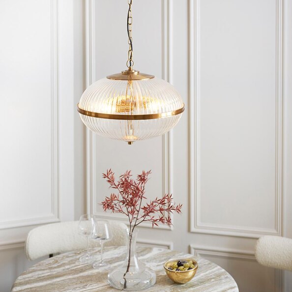 Salem 3 Light Ribbed Glass Pendant Ceiling Light In Vintage Brass