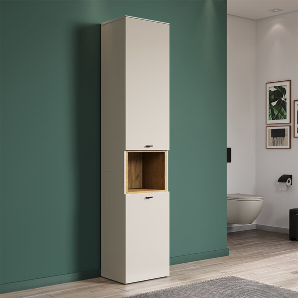 Salem Tall Wooden Bathroom Storage Cabinet in Cashmere and Evoke Oak