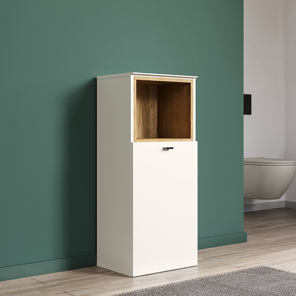 Salem Wooden Bathroom Storage Cabinet in Cashmere and Evoke Oak