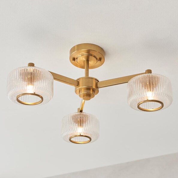 Salinas 3 Light Ribbed Glass Semi Flush Light In Brushed Aged Brass